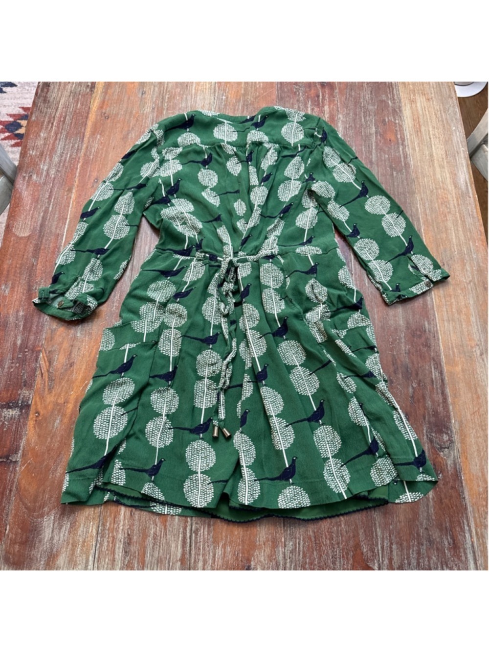 Maeve Anthropologie Green Pheasant Bird Print Dress Pockets Navy Gold S HTF - Picture 12 of 15